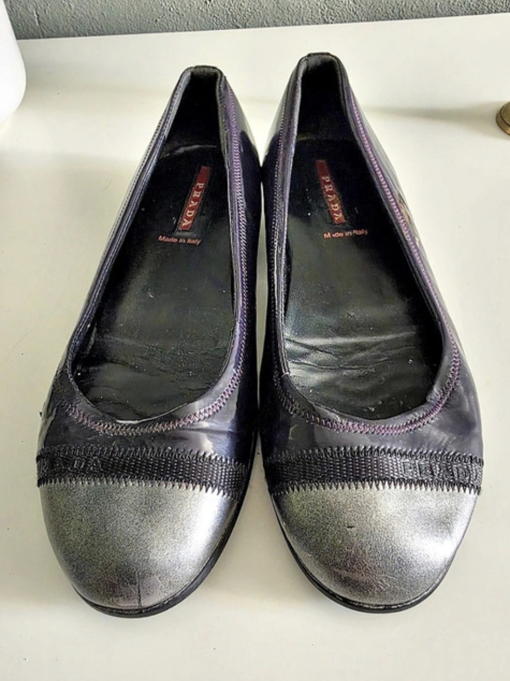 Prada Patent Leather Cap-Toe Ballet Flats in Black & Silver